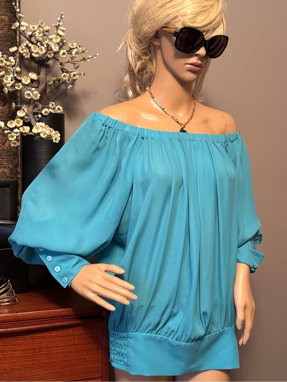 Luisa Spagnoli Turquoise Off-Shoulder Blouse